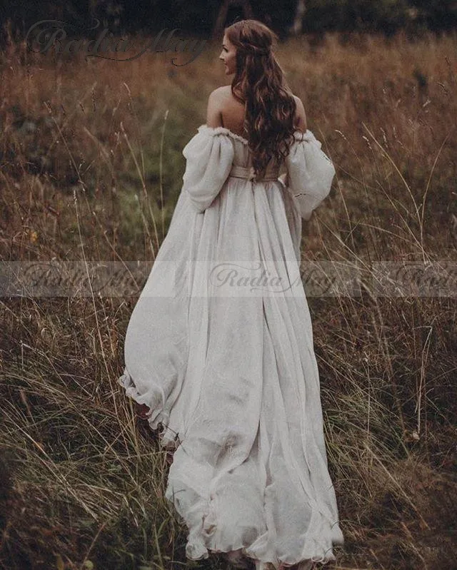 Винтажное свадебное платье цвета слоновой кости с открытыми плечами, богемное пляжное свадебное платье с рукавами, свадебные платья в стиле хиппи, платья невесты
