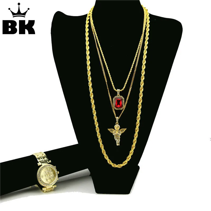 

Men Gold Finished Hip Hop Bling Iced Out Watch & Necklace Set Rhinestone Cherub Micro Pendant Box Rope Chain Fashion Accessories