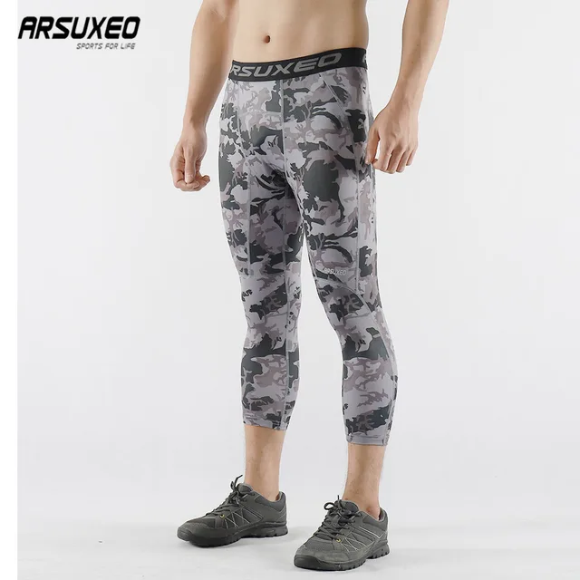 US $8.69 ARSUXEO Men Sports Camouflage Compression Pants Base Layer 34 Running Tights GYM Fitness Active Tr