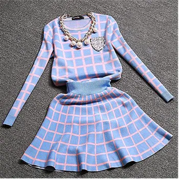 2017 New Knit Long-sleeve Sweater Skirt Suits Women Sweet Beads Collar Knit Crochet grid Crop Top A-line Skirt Women's 2pcs Set