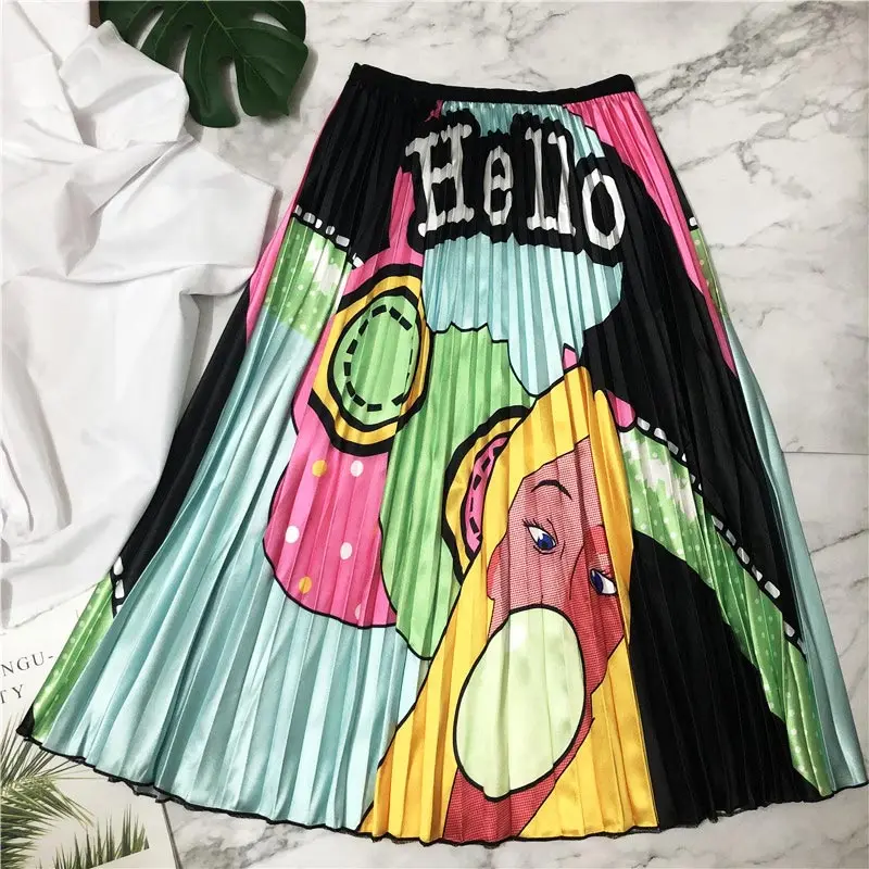 

Hello Women Summer A Line Cartoon Pleated Skirts 2019 High Waist Loose Lady Skirt Boho Print Letter Female Kawaii Holiday Skirt
