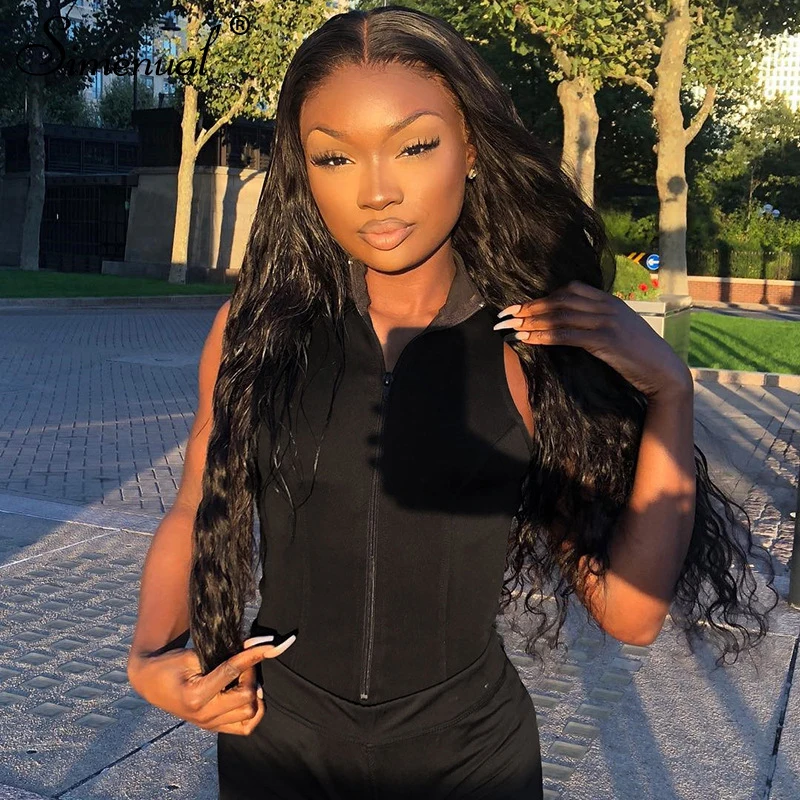 

Simenual Zipper Casual Black Bodysuit Solid Basic Sleeveless Rompers Womens Jumpsuit Fashion 2019 Summer Skinny Bodycon Bodysuit