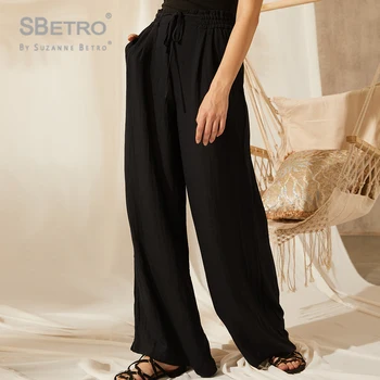 

Sbetro Women's Black Frilled Drawstring Waist Wide Leg Pants Fashion Female Spring Summer Casual Pocket Loose Long Trousers