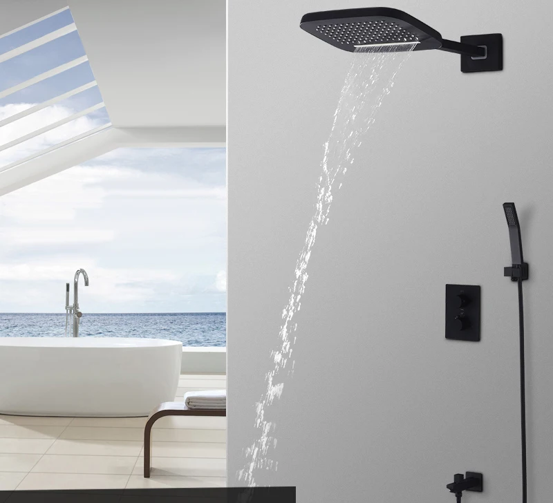 hm Luxury Thermostatic Waterfall Rain Shower Head & Hand Shower Set in Solid Brass Black Bathroom Faucet Wall Mounted System (1)