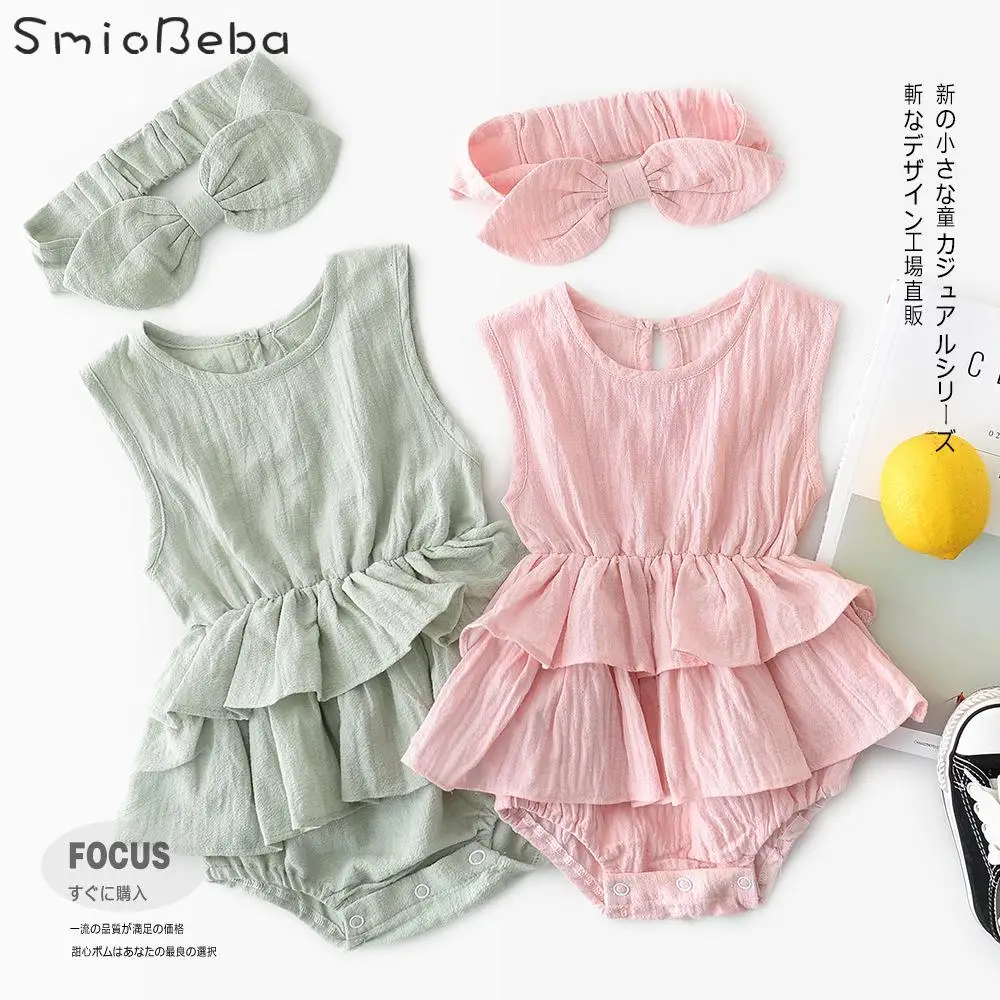 

Ins 2019 Summer Sleeveless Children's Rompers 2PCS Sets Clothes Harvest Sweet Girl's Pure Color Cake Dress Baby Girls Rompers