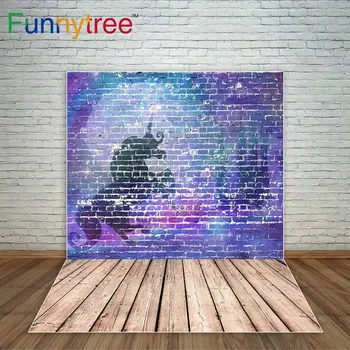 

Purple background Unicorn flaking brick wall wooden floor decoration photo backdrop background for photography