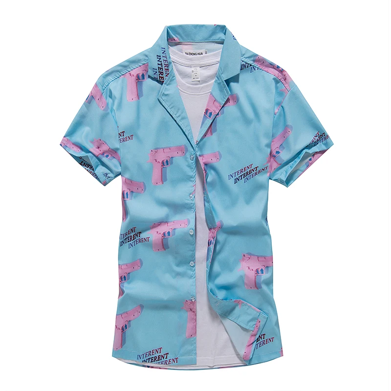 

Turn-down Collar Shirts Men 2019 Summer Hawaii Style Pink Gun 3d Printing Casual Streetwear Hip Hop Short Sleeve Shirt