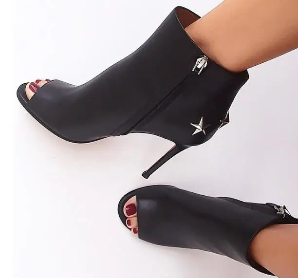 open toe black ankle boots