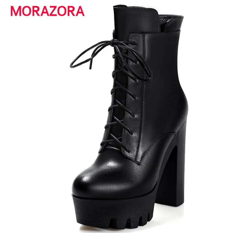 

MORAZORA 2018 new super high heel ankle boots for women autumn winter genuine leather boots fashion cross tied platform boots