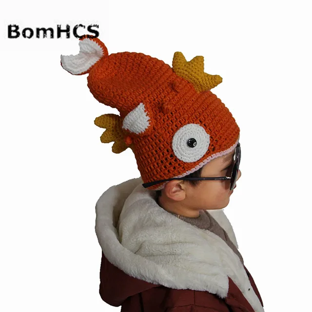 BomHCS “The Goldfish Is on Your Head” Funny Winter Crochet Beanie Animal Fish Cool Handmade Hat for Kids Age 3-10
