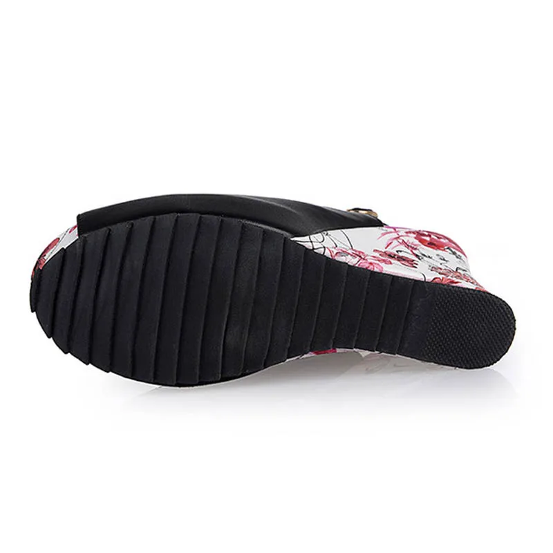 Florral Print Wedges Heel Sandals Summer Shoes Woman Buckle Strap Slingbacks Platform Thick Bottom High Heels Sandals Women E02 (21)
