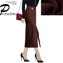 Женская мода плюс размер плюс кашемир сплошной цвет ампир юбки зима теплое прямое одеяло Сплит юбка