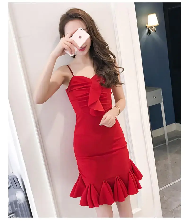 New 2018 Summer  Red Slim Dress  Women Formal Party Dress Women Sling  Sexy Bodycon Ruffles Fishtail Dress Free shipping