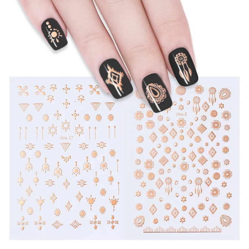 

2 Sheets Metallic Rose Gold 3D Nail Sticker Set Tribal Nail Art Adhesive Transfer Sticker Manicure Accessories