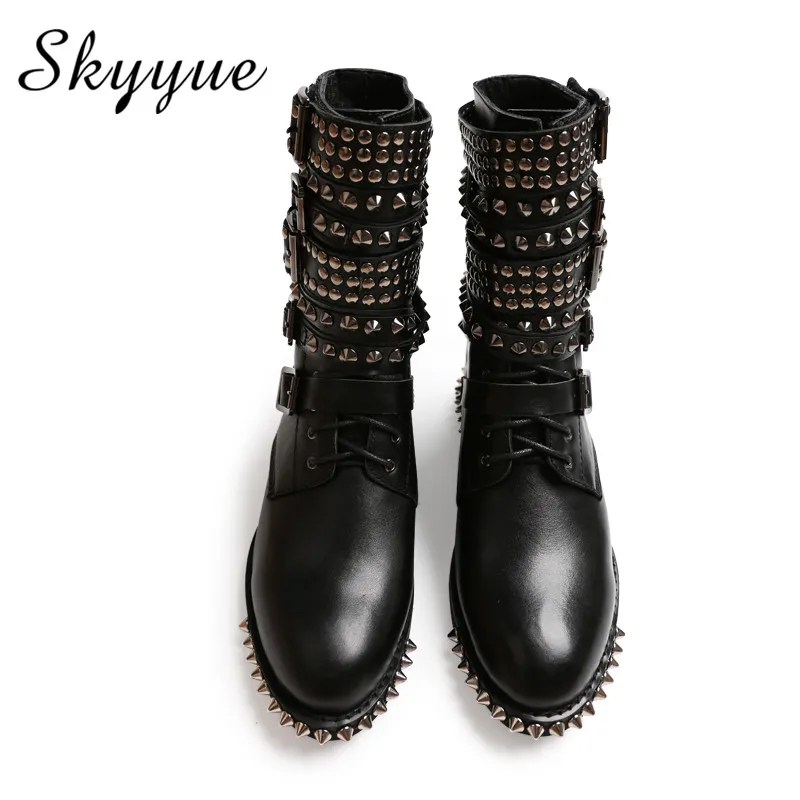 

SKYYUE New Genuine Leather Metal Studded Round Toe Women Motorcycle Boots Cool Buckle Strap Women Low Heel Winter Boots Shoes