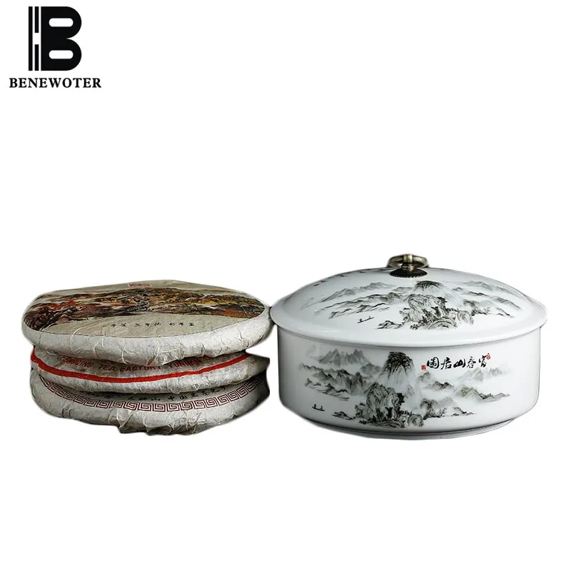 

3pcs 375g Pu'er Tea Cake Storage Tank Landscape Pattern Ceramic Tea Caddy Tea Wash Fish Tank Flower Pot Food Sealed Box Tea Cans