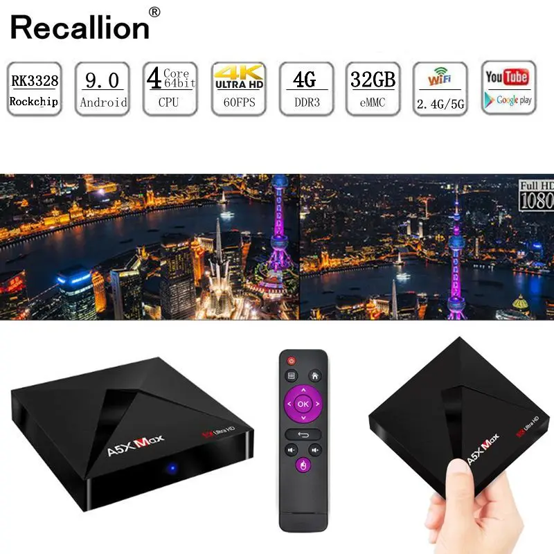 

A5X MAX Smart Android 9.0 TV Box 4K HD TV Box RK3318 Quad-Core Media Player Support 2.4G WiFi Bluetooth 4.0 100M LAN Set-top Box
