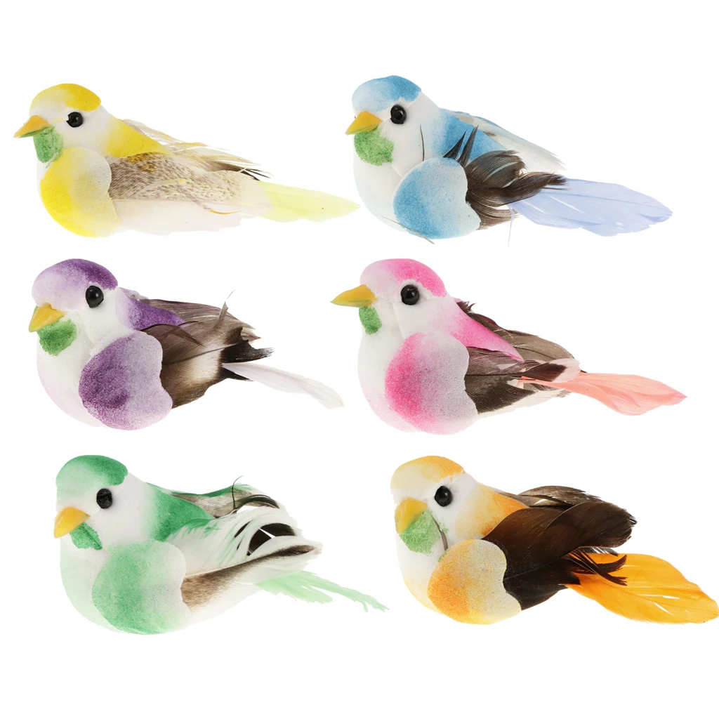 6Pieces Cute Small Artificial Feather Bird Foam Birds Photo Props Home Table Garden Bonsai Decor