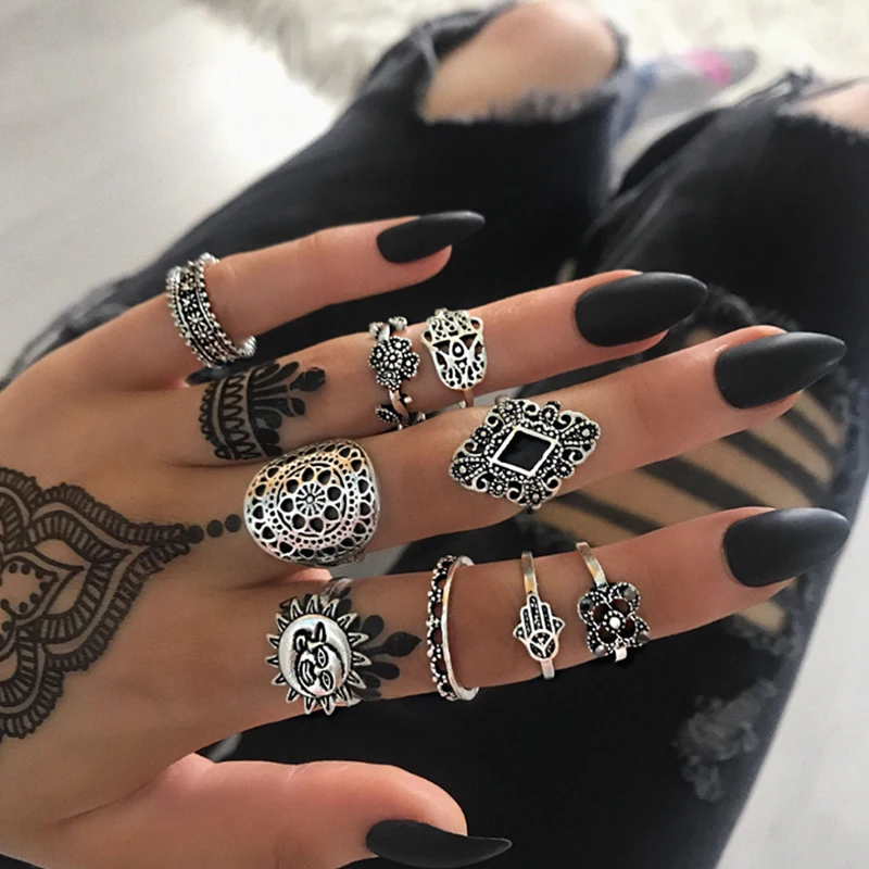 

Lady Rings Set Hollow Farama Hand Flower Round Lotus Tarot Sign Crystal Geometry Silver Ring Set Charm Wedding Party Jewelry