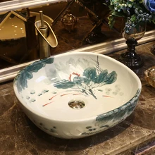 Lotus estilo antiguo, arte de pintura europeo con la mano encimera baño porcelana blanca redonda lavabo de cerámica