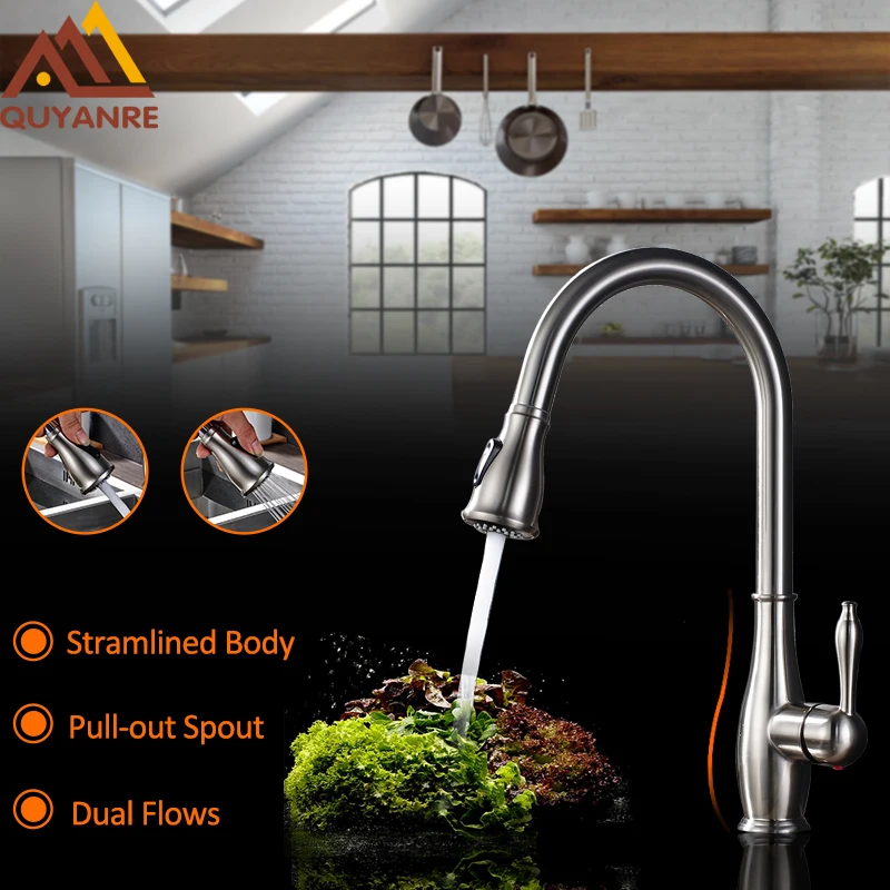 

Quyanre Kitchen Faucet Brsuhed Nickel Chrome Pull-out Spout Kitchen Sink Faucets Single Handle Mixer Tap Vanity
