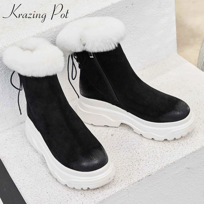 

krazing pot new cow suede rabbit fur snow boots wedges high heel sweet lady gorgeous original design mixed color ankle boots L89