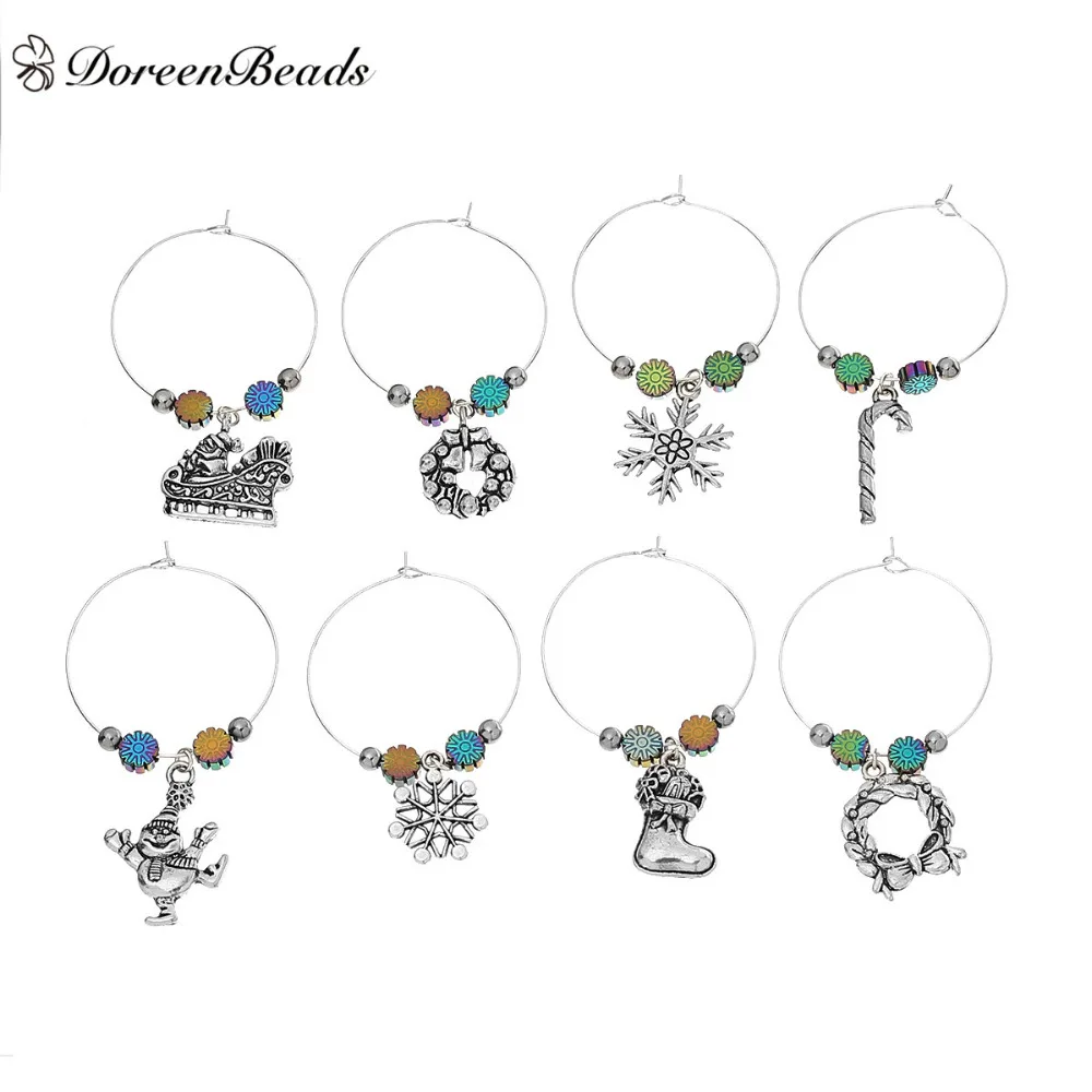 

DoreenBeads Zinc Based Alloy Wine Glass Charms Mixed Antique Silver Christmas Party Deco AB Color Hematite Beads 40x 35mm, 1 Set