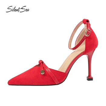 

Silentsea 2020 Summer Women Pumps Hollow Pointed Suede Buckle High Heel Women Shoes 9CM Red Wedding Shoes Stilettos