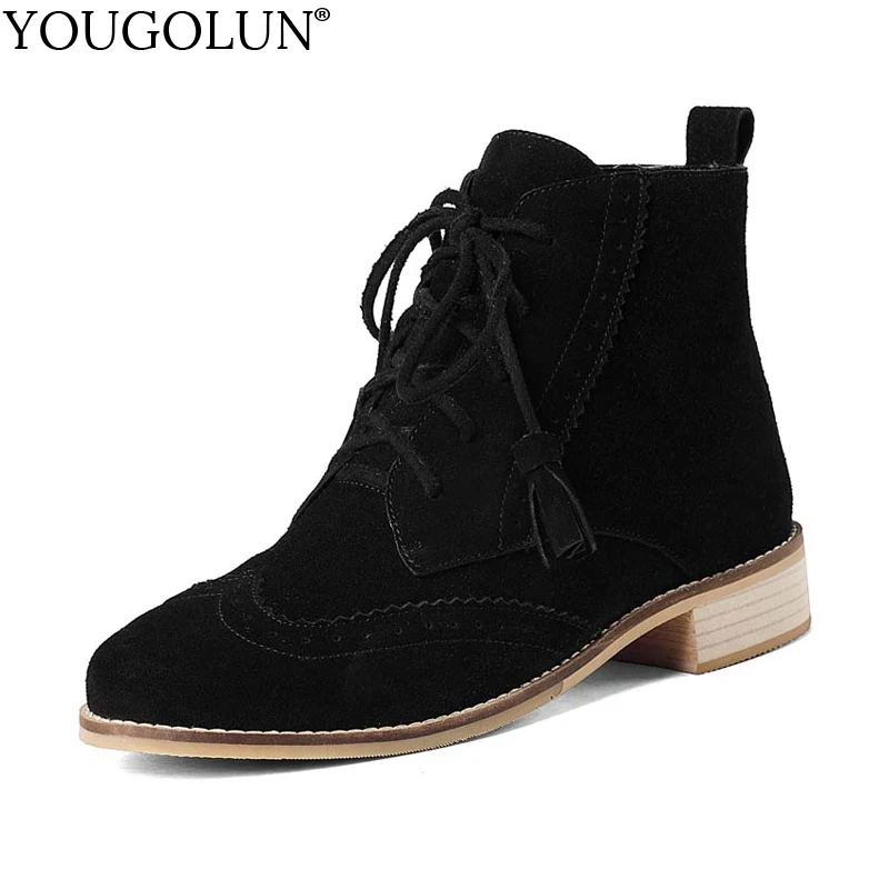 YOUGOLUN Women Ankle Boots 2017 Autumn Winter Genuine Cow Suede Low Heels Black Brown Lace-Up Tassel Square Heel Shoes #Y-084 YOUGOLUN Women Ankle Boots 2017 Autumn Winter Genuine Cow Suede Low Heels Black Brown Lace-Up Tassel Square Heel Shoes #Y-084