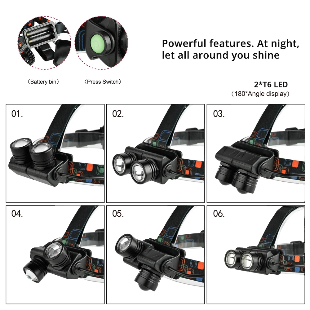Многофункциональный светодиодный налобный фонарь, телескопический зум, светодиодный налобный фонарь 1T6+ 2XPE светодиодный фонарь, используемый для рыбалки, приключений, охоты 18650