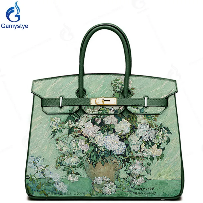 

Real Cowskin Leather bags handbags Women Shoulder Messenger Bags High Quality Hand paint Art Paint Jasmine Flower Gold Padlock