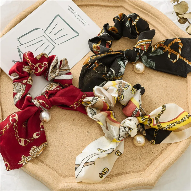 

Pearl Scrunchies Printed Hair Ties Woman Girls Ponytail Holders Hair Gum Rope Bohemia Elastic Hairband Women Hair Accessories