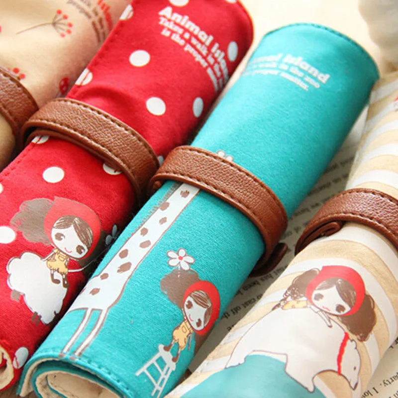 

Cute Cartoon Roll Up Canvas Pencil Bag pen case Brushes Wrap Pouch Pen Pocket, Pencil Bag- Canvas School Supplies