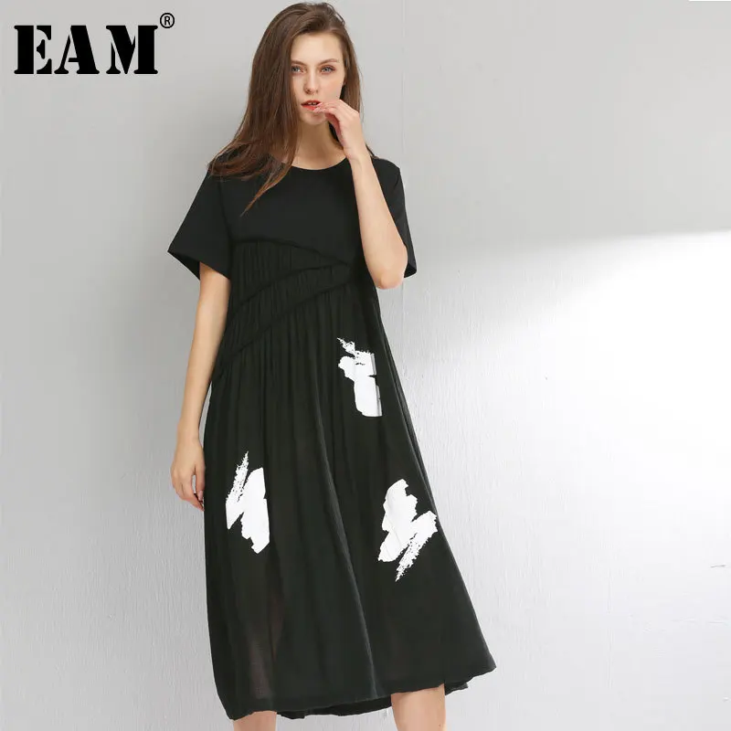 

[EAM] 2019 New Spring Summer Round Neck Short Sleeve Black Pattern Printed Pleated Loose Dress Women Fashion Tide JT303