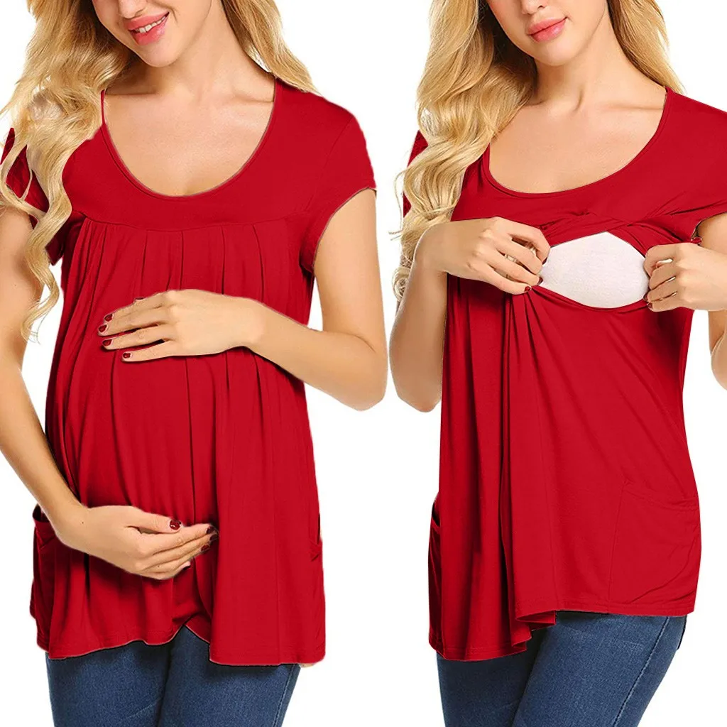 

Women Maternity Short Sleeve Comfy Layered Nursing Top T-shirt For Breastfeeding(red )