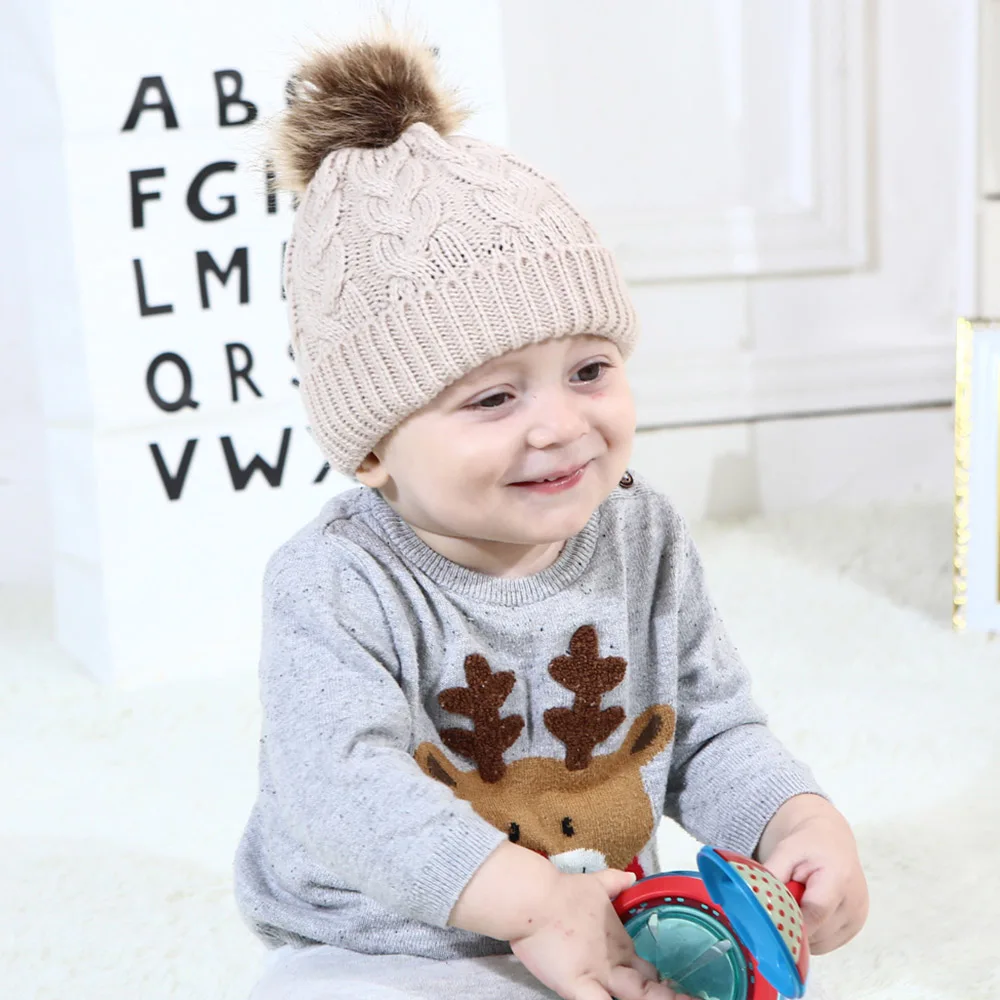 

Baby Fur Pom Poms Ball Knitted Caps Boys Girls Toddler Crochet Beanie Winter Warm Baby Hat Cute Child Caps Hat For Kids