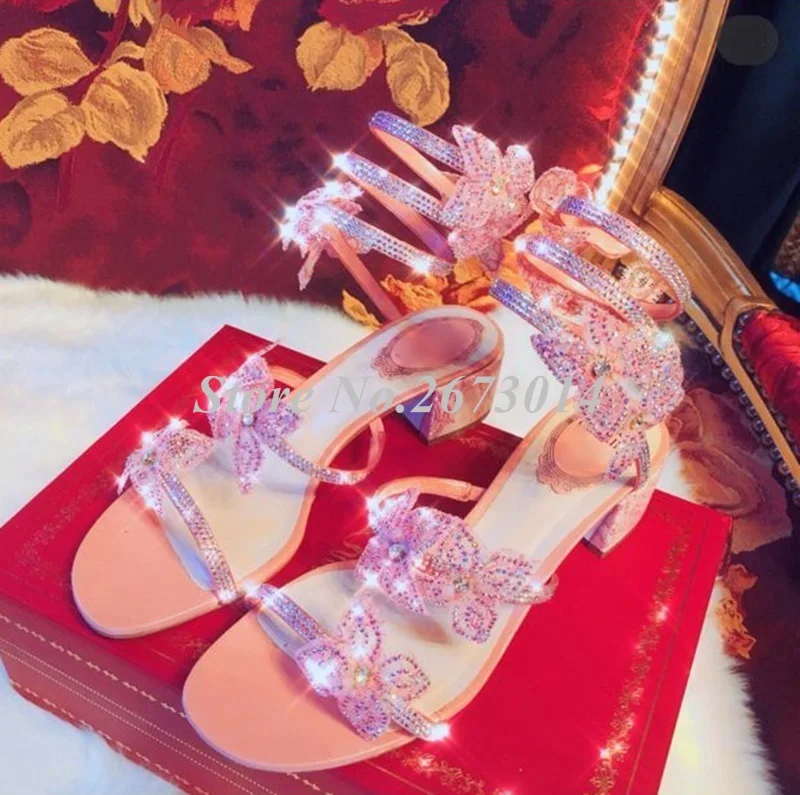

Butterflies Gladiator Sandals 2019 Summer Crystal Snake-Shaped Straps Winding Pink Sandalias Mujer Chunky Med Heels Shoes Women