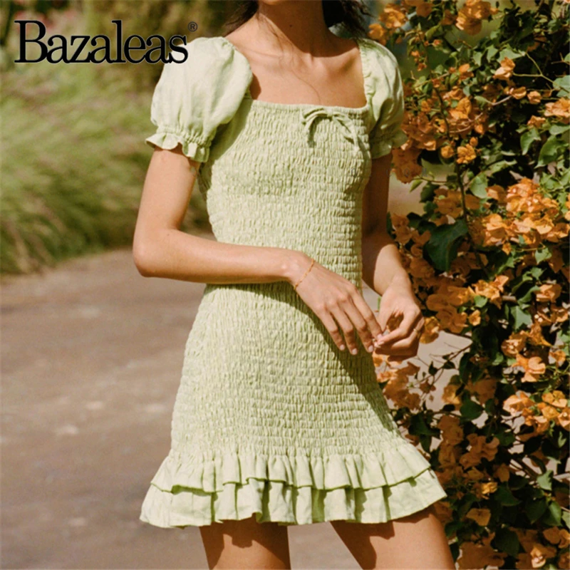 Bazaleas праздничное женское платье с бантом Австралийское хлопковое зеленое платье с оборками Винтажные эластичные платья vestido Прямая