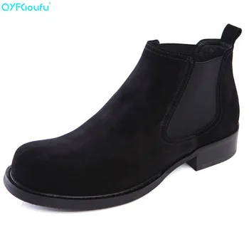 

QYFCIOUFU Brand Designer Mens Round Toe Ankle Boots Shoes Fashion Flats Man Suede Boots Casual Genuine Leather Dress Boots Shoes