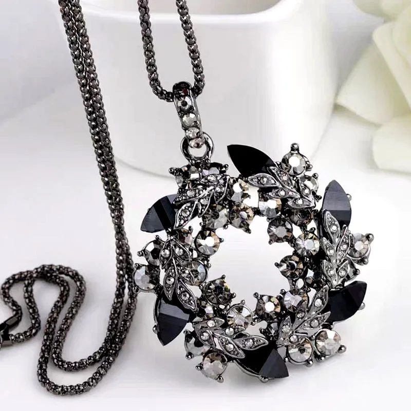 SINLEERY роскошный винтажный черный кубический цирконий цветок кулон длинное ожерелье для женщин Черная Цепочка Змея высокое качество My344 SSB