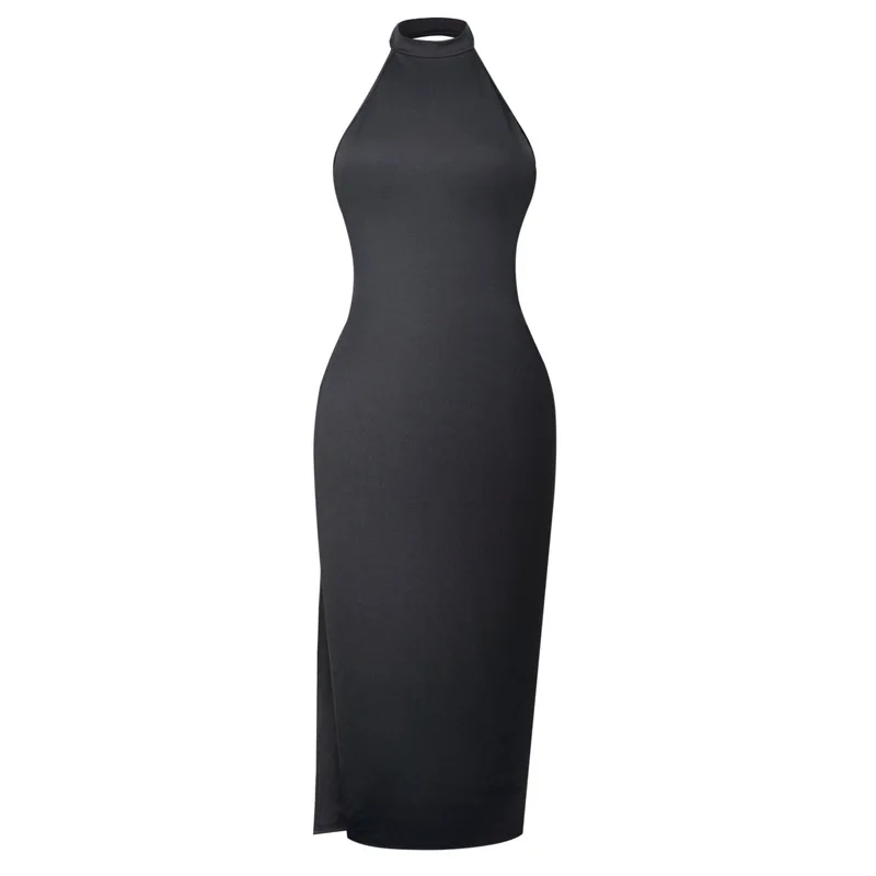Qunndy Sexy Halter Neck Long Dress Women Backless Vestidos Split Summer Sleeveless Nightclub Party Bodycon Dresses Robe Femme (8)