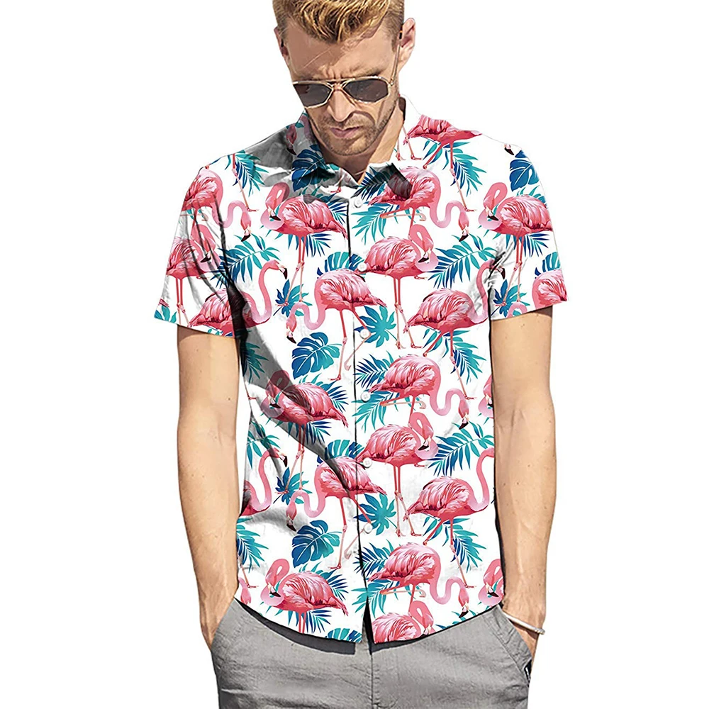 Мужские летние рубашки с короткими рукавами и принтом Фламинго новые пляжные повседневные тонкие дышащие удобные топы Гавайского стиля