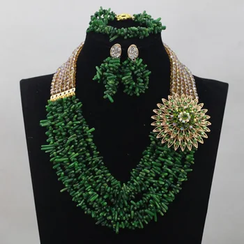 

Green Coral Nigerian Beads Set Gold Crystal Chunky Women Jewelry Set African Coral Party Jewelry Set Free Shipping CNR676