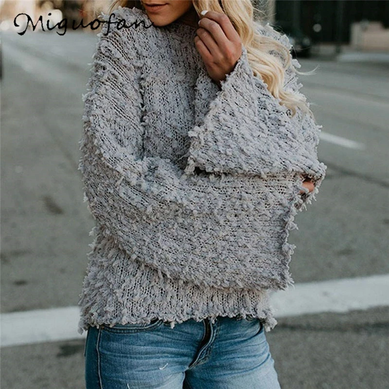 

Miguofan Women's Sweater Knitted Pullovers Flare Sleeve Fashion Casual Jumpers Tops Warm Sweaters Female 2019 Autumn Winter