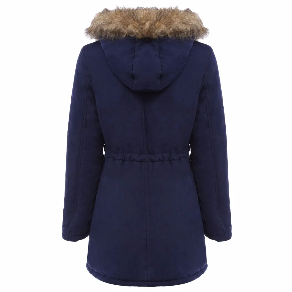 VESTLINDA Coats Big Size Fur Hooded Down Coat Army Green Drawstring Jackets Coat Winter Jacket Women Warm Coats Parkas Plus Size 16