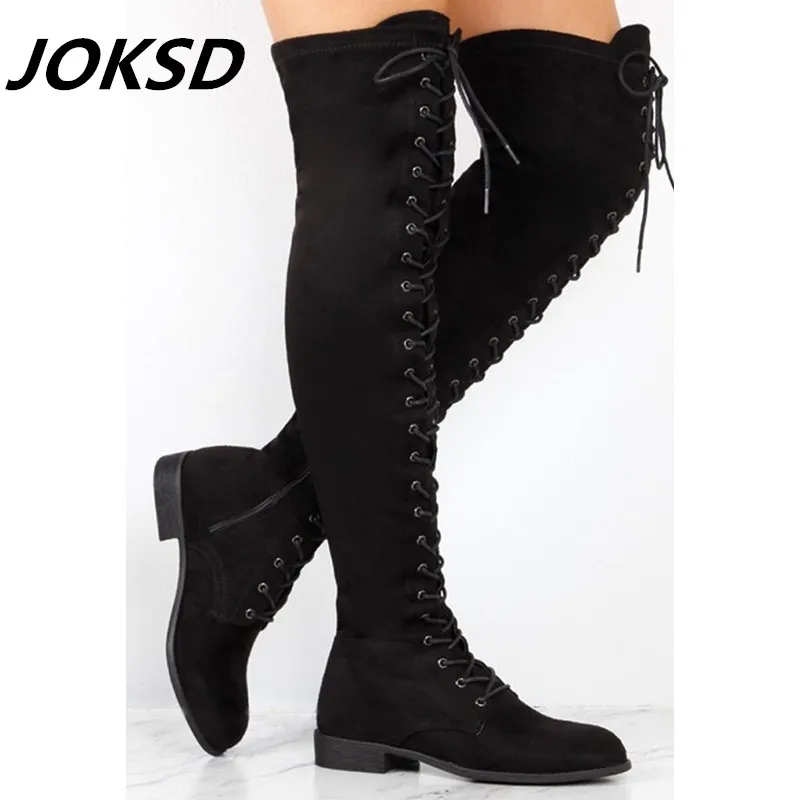 JOKSD 2018 Ladies Shoes Square Low Heel Women Over The Knee Boots Flock