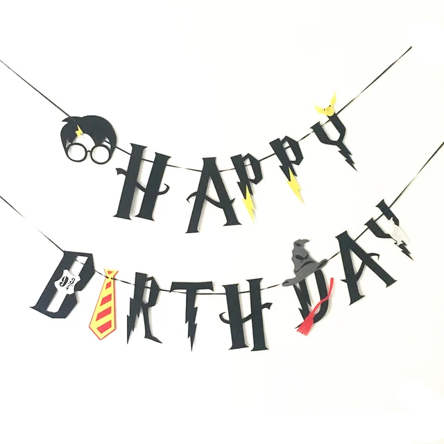 Harry Potter Happy Birthday Banner Cake Topper Hogwarts Lightning Felt Flags Bunting for Baby Birthday Party Cupcake Decoratio