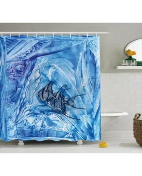 

Blue Shower Curtain Swimming Fish Aquatic Print For BathroomFabric Washable Waterproof With Rings
