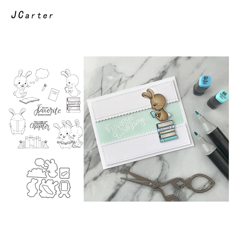 

JC Rubber Stamps and Metal Cutting Dies for Scrapbooking Craft Dies Cut Rabbit Reading Book Stamps Card Make Stencil Album Decor