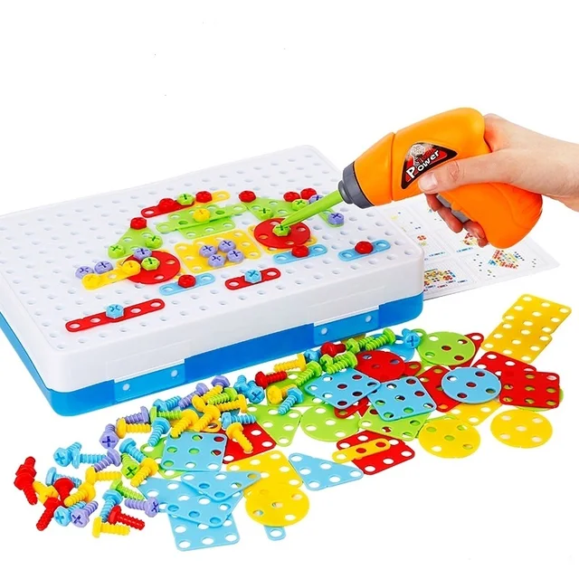 Children Drill Games Creative Mosaic Building Puzzle Set Intellectual Educational Toys Electric Screws Nuts Tools Kit for Boys 1